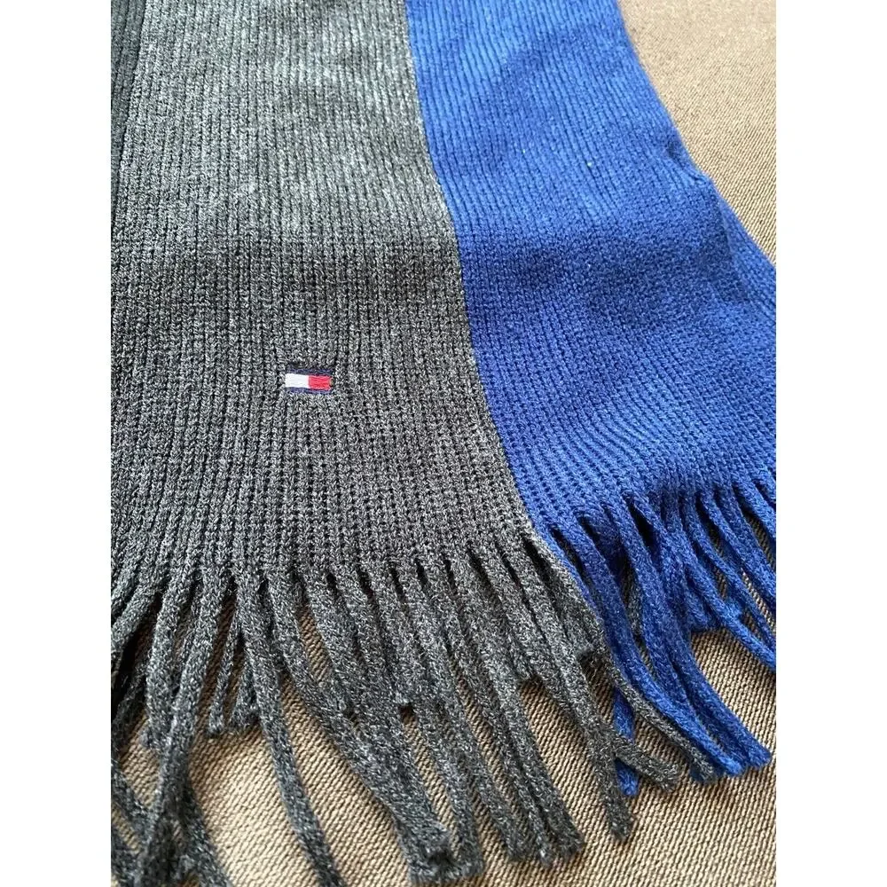 Tommy Hilfiger Stripe Scarf Fringe Men Wide Blue Gray Black